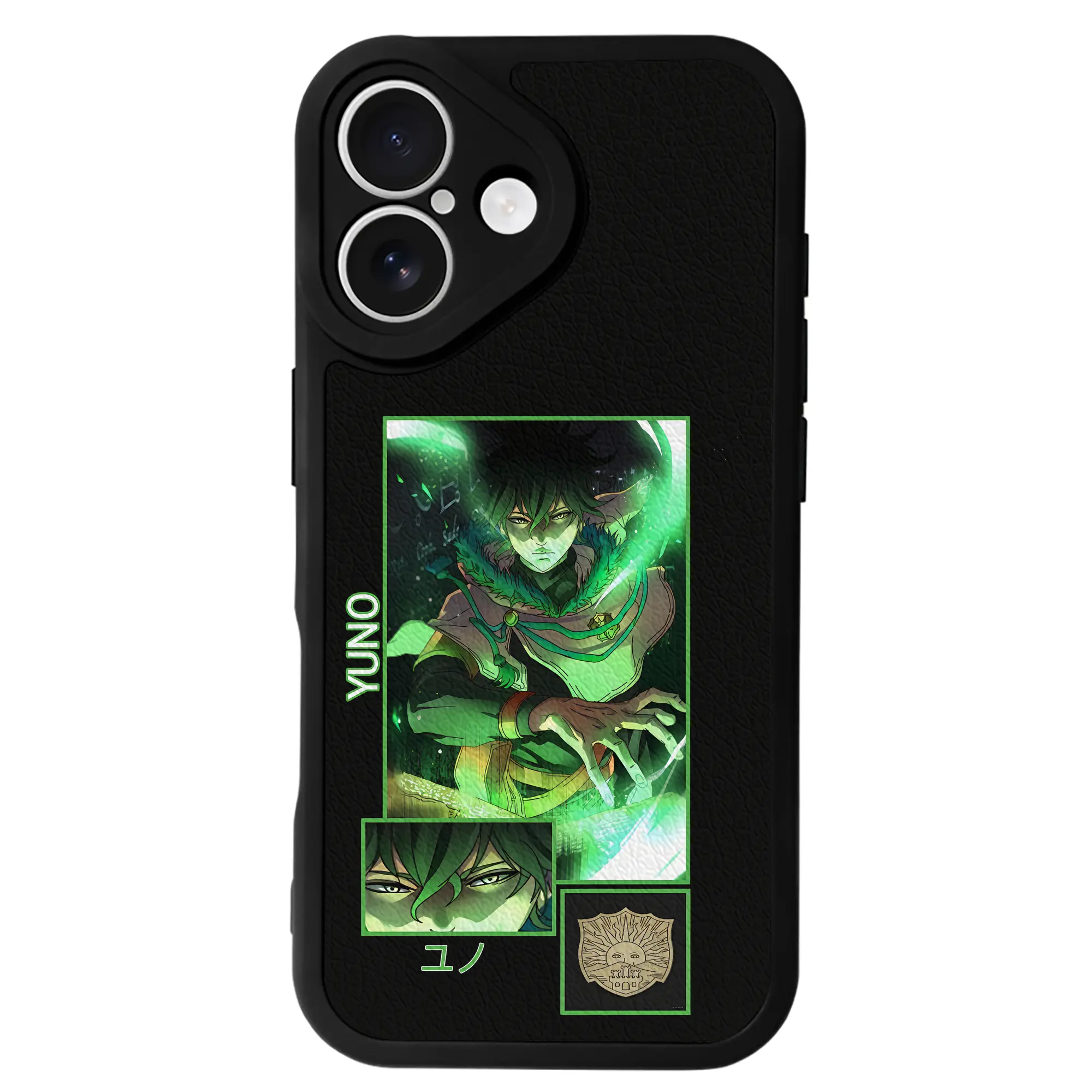 ブラッククローバー グッズ ユノ・グリンベリオール - IPhone 16シリーズ対応 ・ シリコンスマホケース ・ レザー調 ・ 高精度フィット ・ 耐衝撃 ・ ワイヤレス充電対応 ・ 精密カット